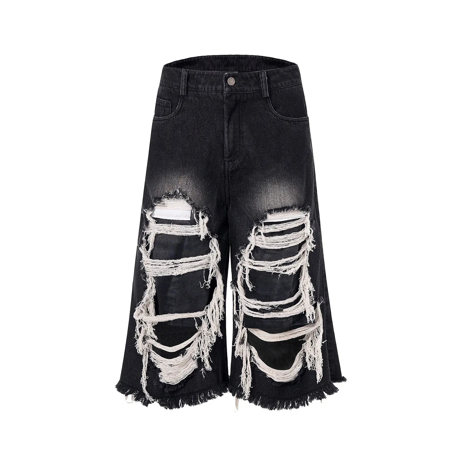 Black wide-leg cropped jeans with a ripped patch detail on the leg, shown on a model.