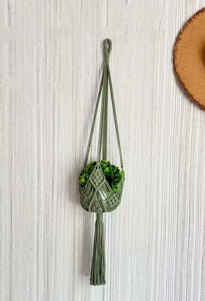 Hand-woven polyester cotton flower pot in natural colour with woven net pocket design
