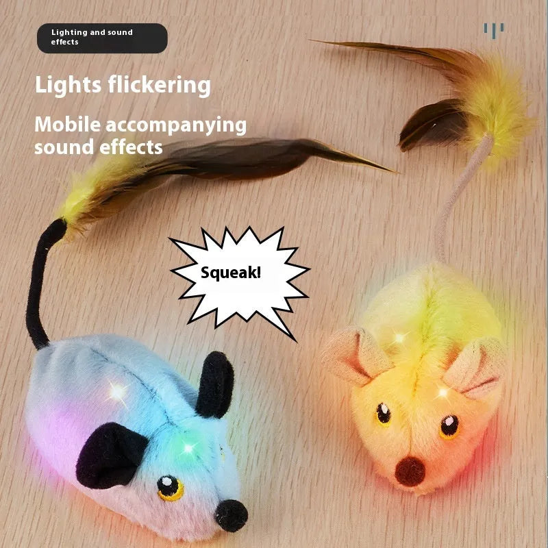 Plush mouse cat toy with remote control on grey carpet, showing rhubarb and yellow colour options