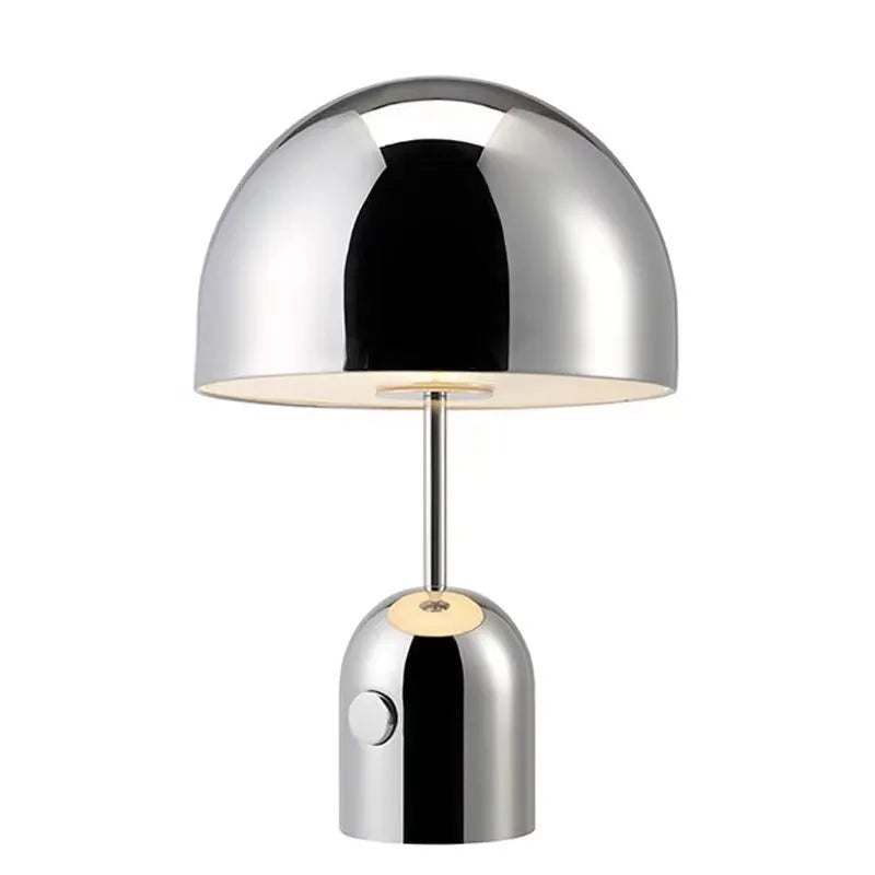 Mushroom-shaped table lamp in rose gold finish with a metal base, measuring 280mm wide.