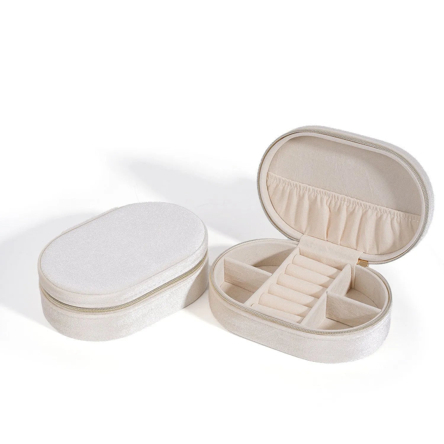 Oval velvet jewellery storage box in lake blue with internal hook for necklaces.