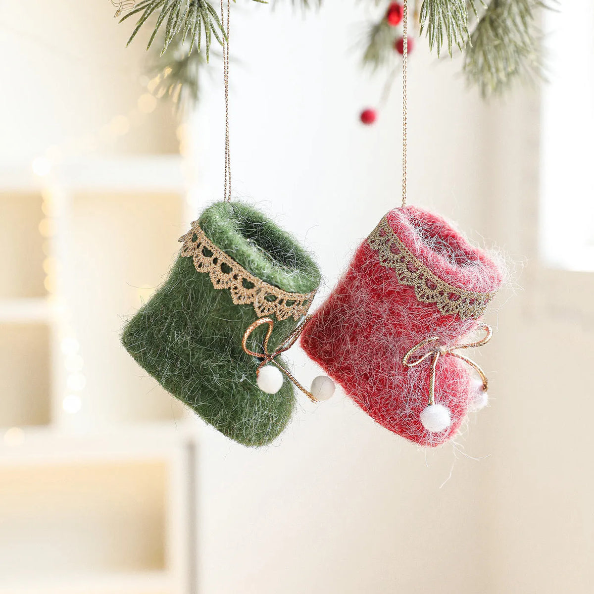 Plush Christmas tree ornament in red or green boot or glove shape, plastic and plush hanging decoration