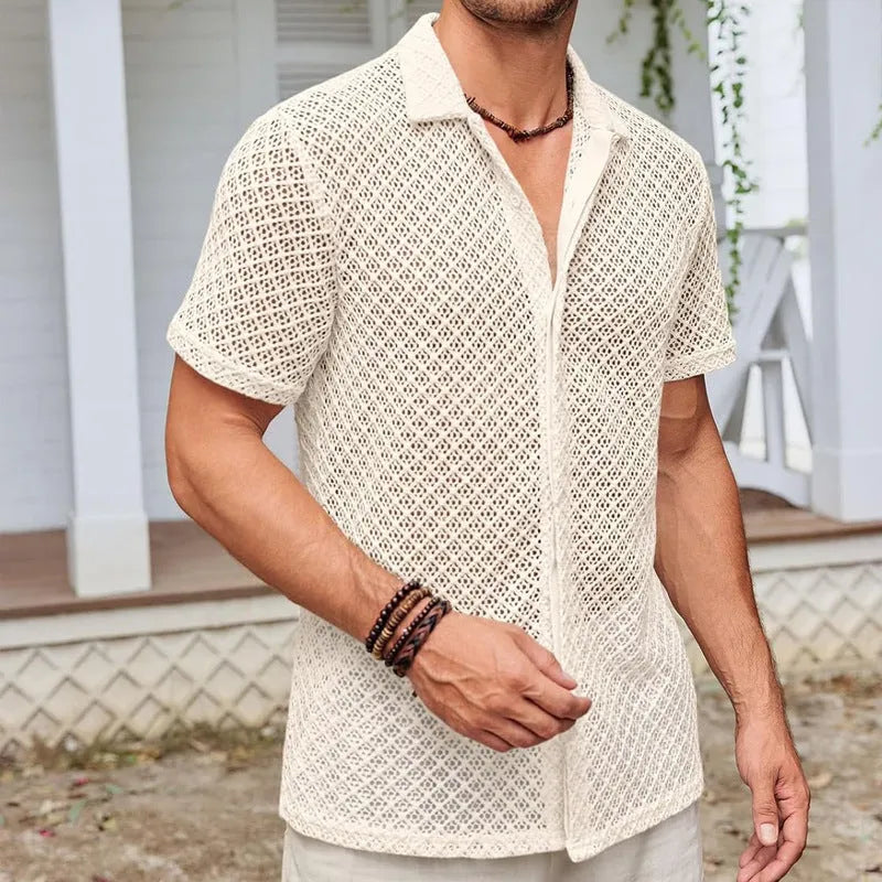 Men's cotton blend mesh short sleeve lapel shirt in beige colour