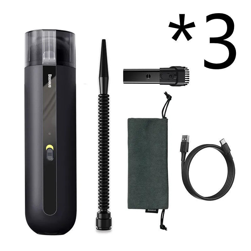 Baseus wireless handheld car vacuum cleaner in black, shown with blowing hose attachment and Type-C charging cable.