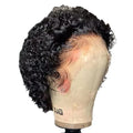 Black human hair pixie cut wig with a transparent 13x1 lace front, displayed on a wig stand.