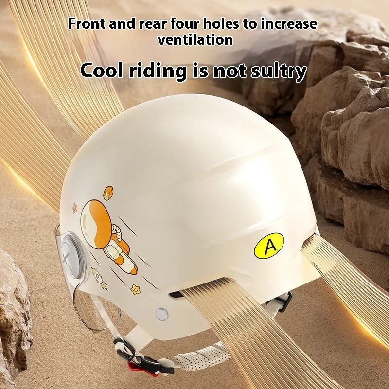 Khaki coloured open-face motorcycle helmet with integrated long mirror sunglasses on a table.