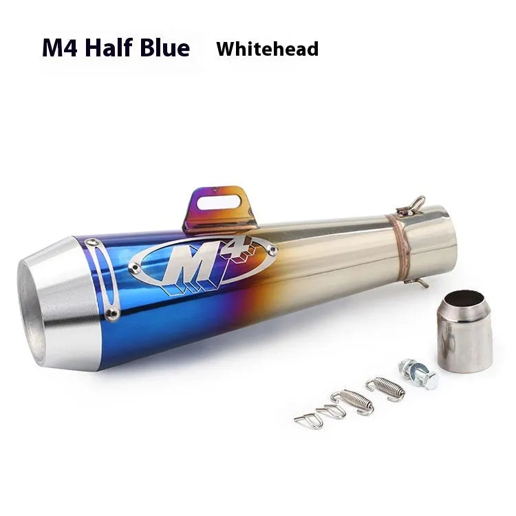 M4 universal motorcycle exhaust pipe in black finish, showing mounting hardware for large displacement bikes.