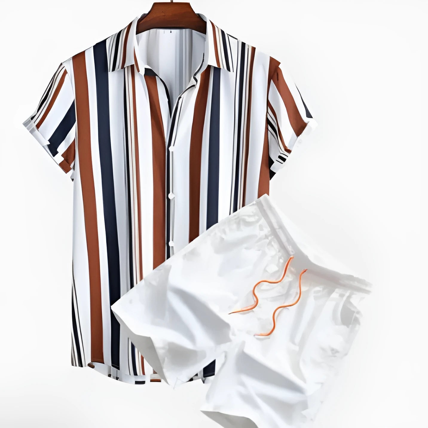 Man wearing a digitally printed short-sleeve cardigan shirt and matching shorts from a casual polyester suit set.