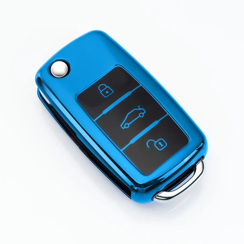 Third generation TPU car key case for VW Model A folding 3 keys in silver, blue, pink, and red.