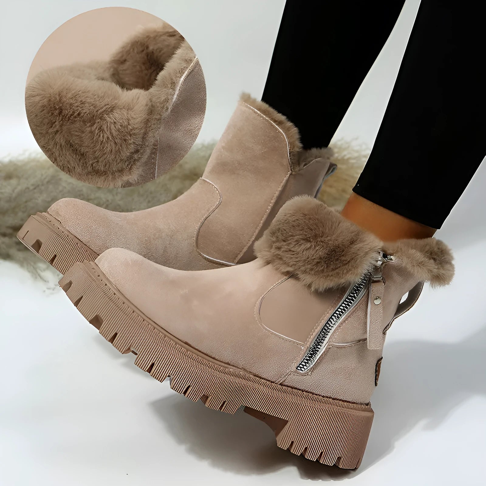 Women's black thick plush high-top snow boots with a side zipper and rubber sole