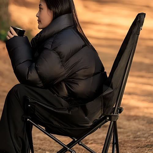 Night black folding moon chair with Oxford cloth seat and steel frame folded for portable transport