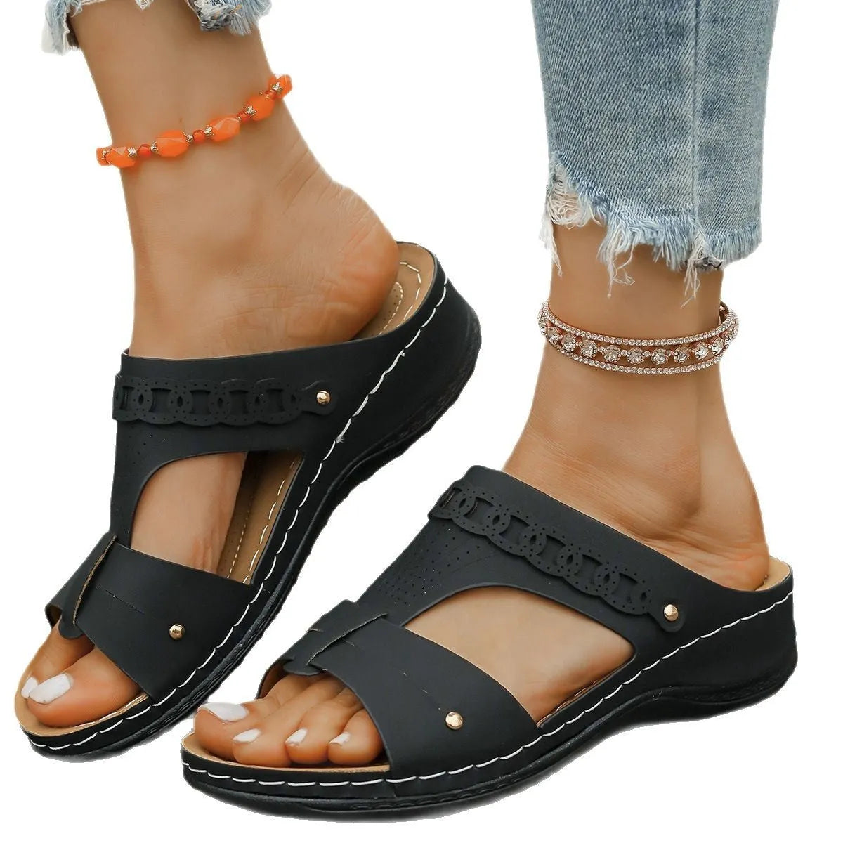 Roman style slippers with slope heel and fish mouth toe holder in multiple colours