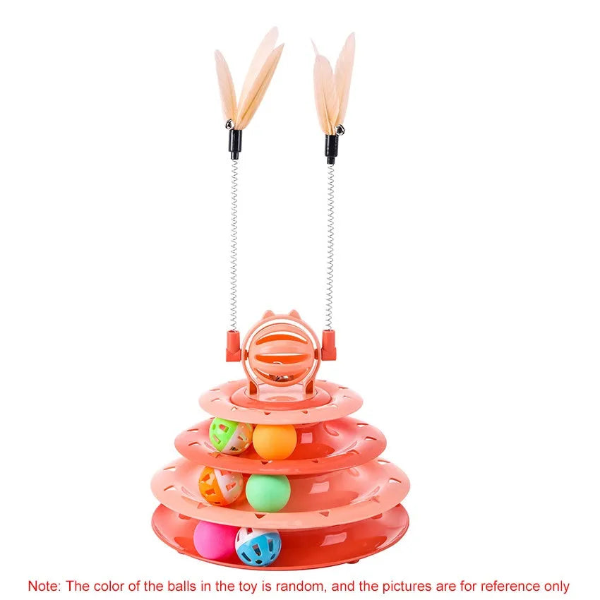 Blue 4-tier interactive cat toy carousel with balls and teasing rods