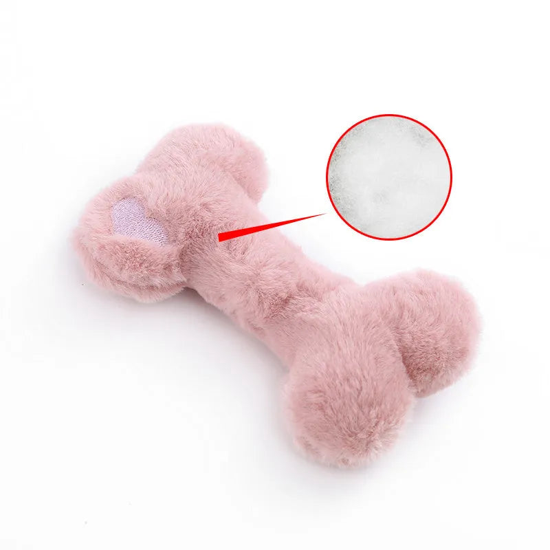 Plush love bone dog toy with squeaker in blue, pink, or yellow colours for interactive play