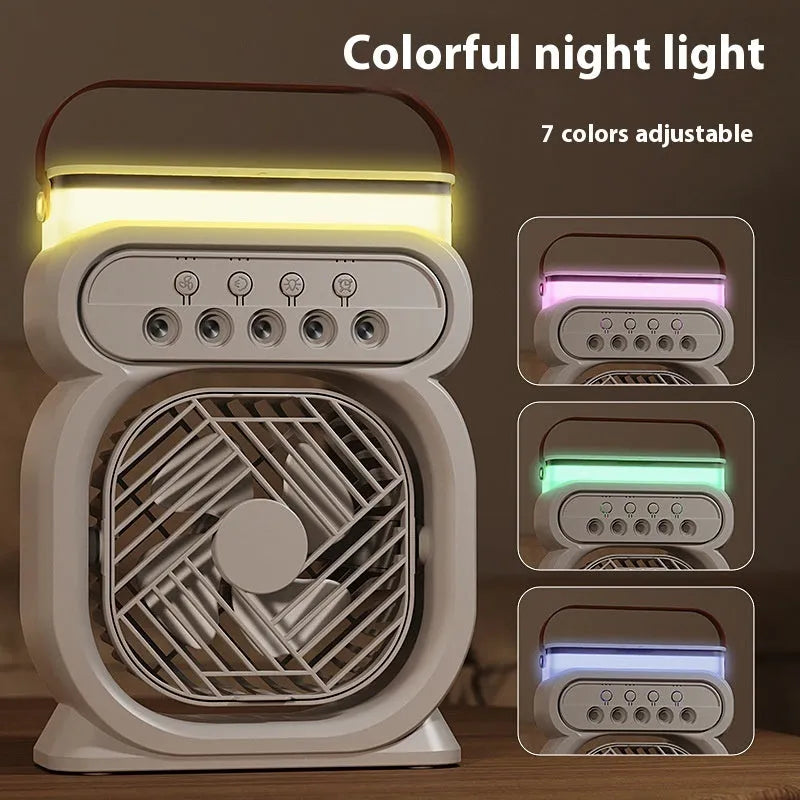 Black portable evaporative air cooler with humidifier tank and multi-colour LED lights on a desk