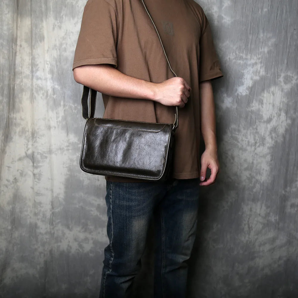 Men's genuine leather crossbody shoulder bag handmade in olive green colour