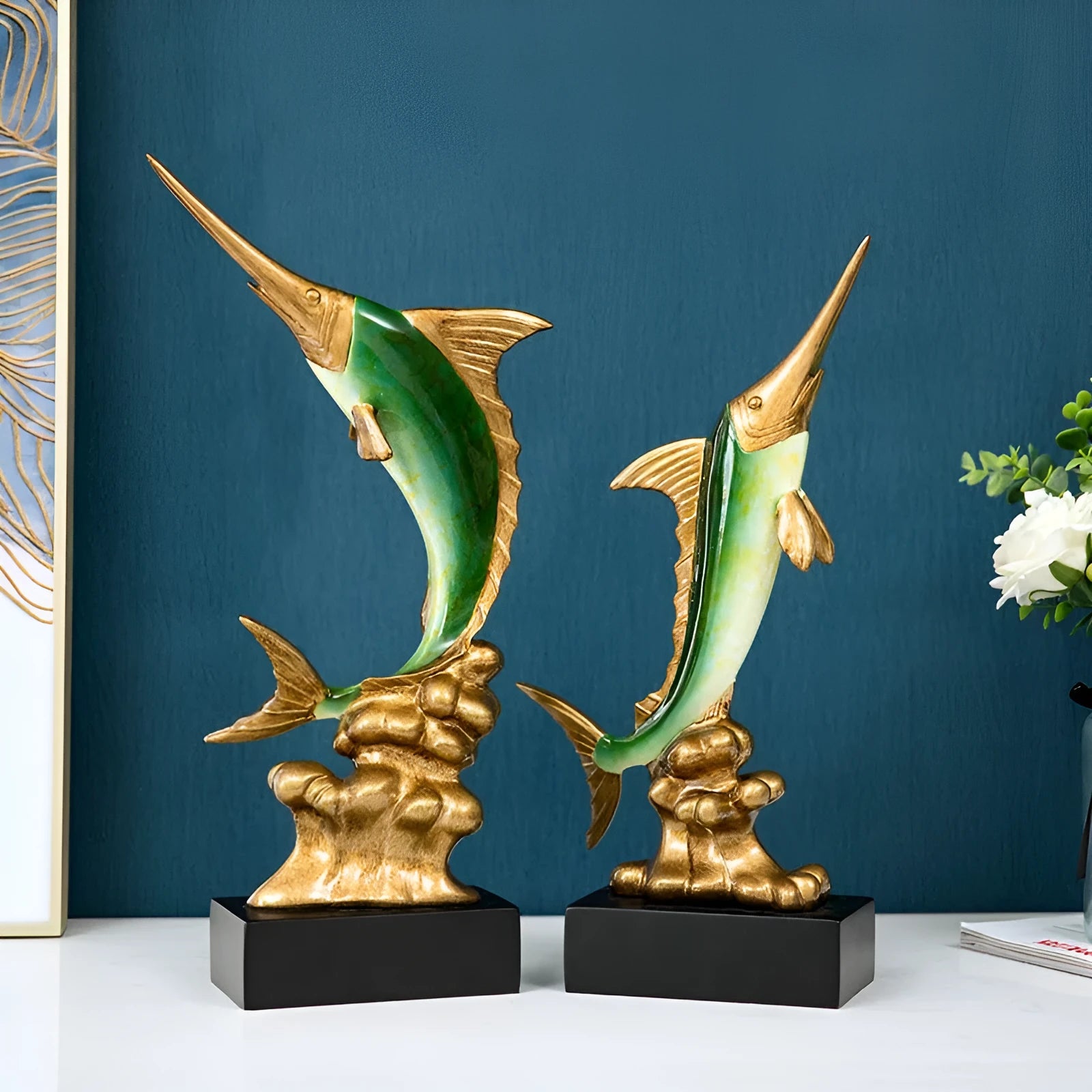 European-style resin swordfish decorative ornament in a choice of four colours on a shelf.