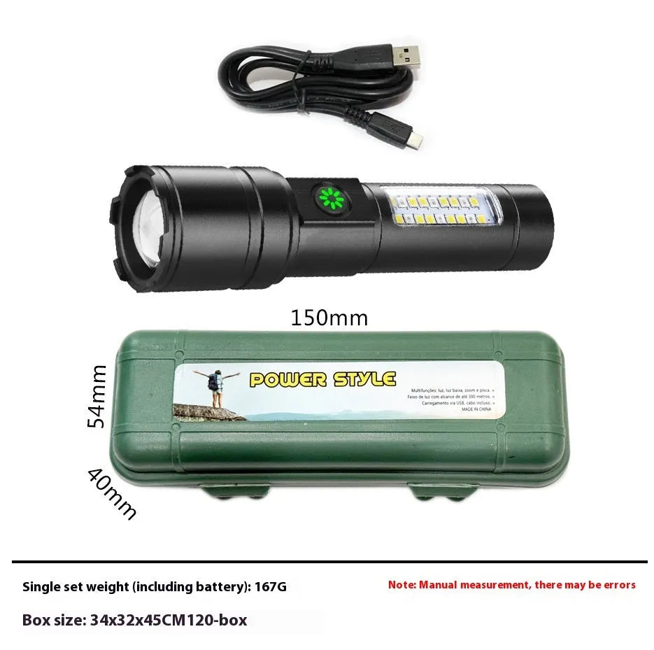 Black aluminium alloy USB rechargeable flashlight torch with optical zoom lens.