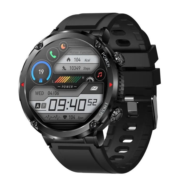 Black T30 smartwatch with a silicone strap on a wrist, displaying a health stats screen.