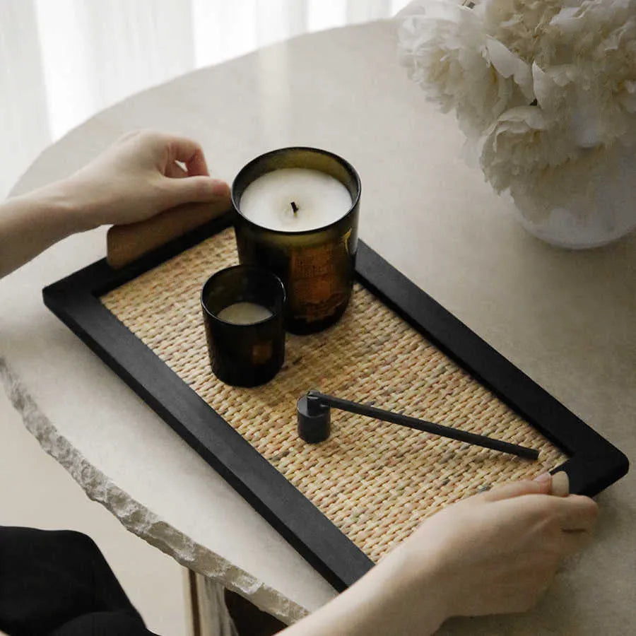 Pine wood tea tray with separate compartments for teapot, cups, and snacks.