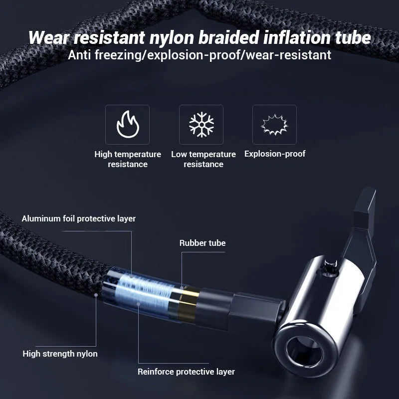 Compact black wireless tyre inflator pump with digital display screen and LED light on a blue flannelette bag.