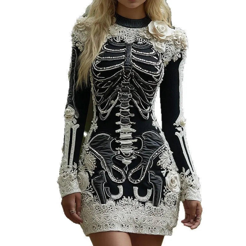 Women wearing a 3D printed Halloween long sleeve dress with v-neck and mid waist in black colour