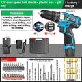 12V cordless impact pistol drill with dual-speed selector and included plastic storage box full of accessories.