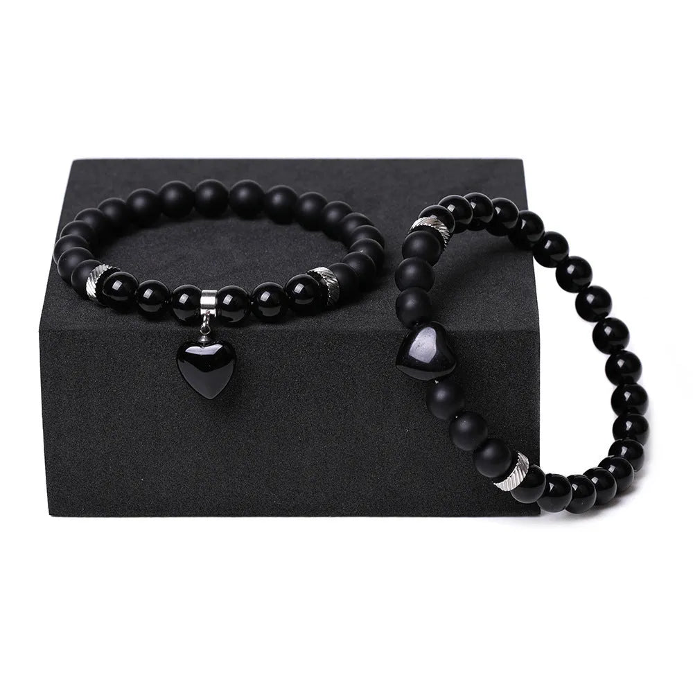 Natural stone couple love bracelet set with heart-shaped gemstone charms in various colours