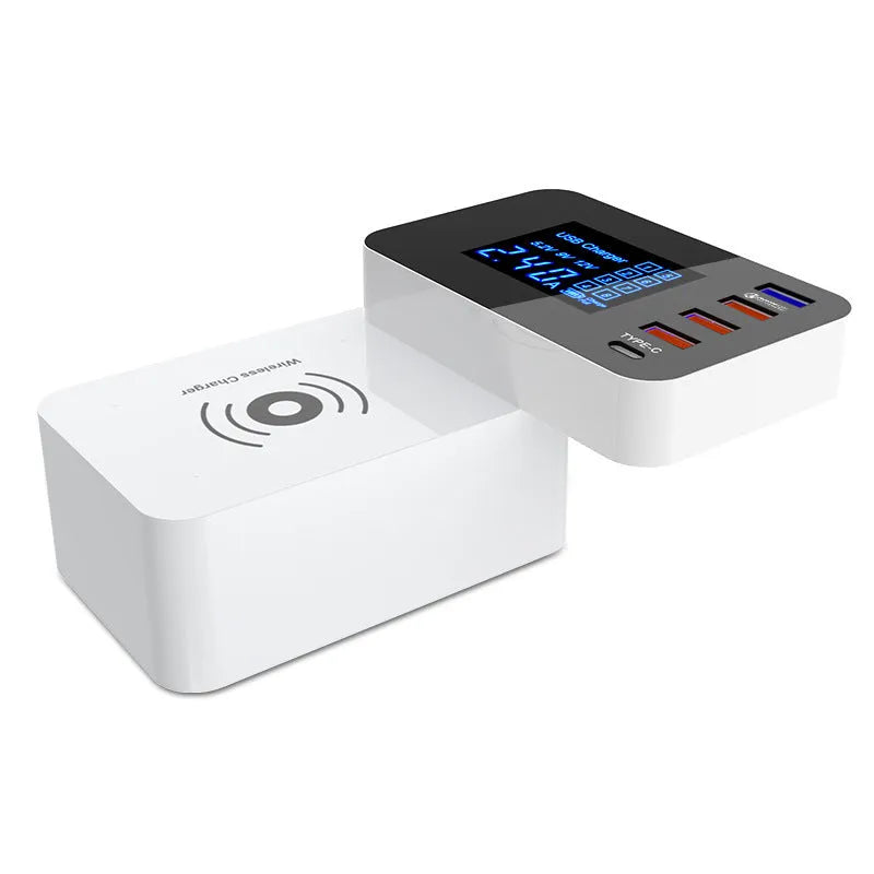 White multi-port USB wall charger with wireless charging pad and UK plug on a 1.5 metre cable.