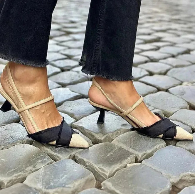 Women's apricot black colour block pointed toe stiletto sandals with buckle fastening