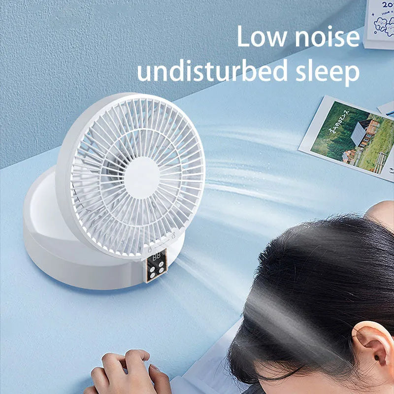 White portable folding fan with remote control, night light, and USB charging cable