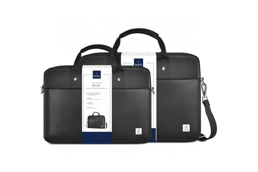 Black Oxford cloth laptop bag showing multiple interior organisational pockets and a security lock.