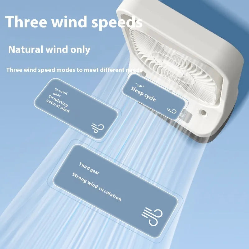 White USB rechargeable water-cooled air cooler fan with adjustable head on a table.