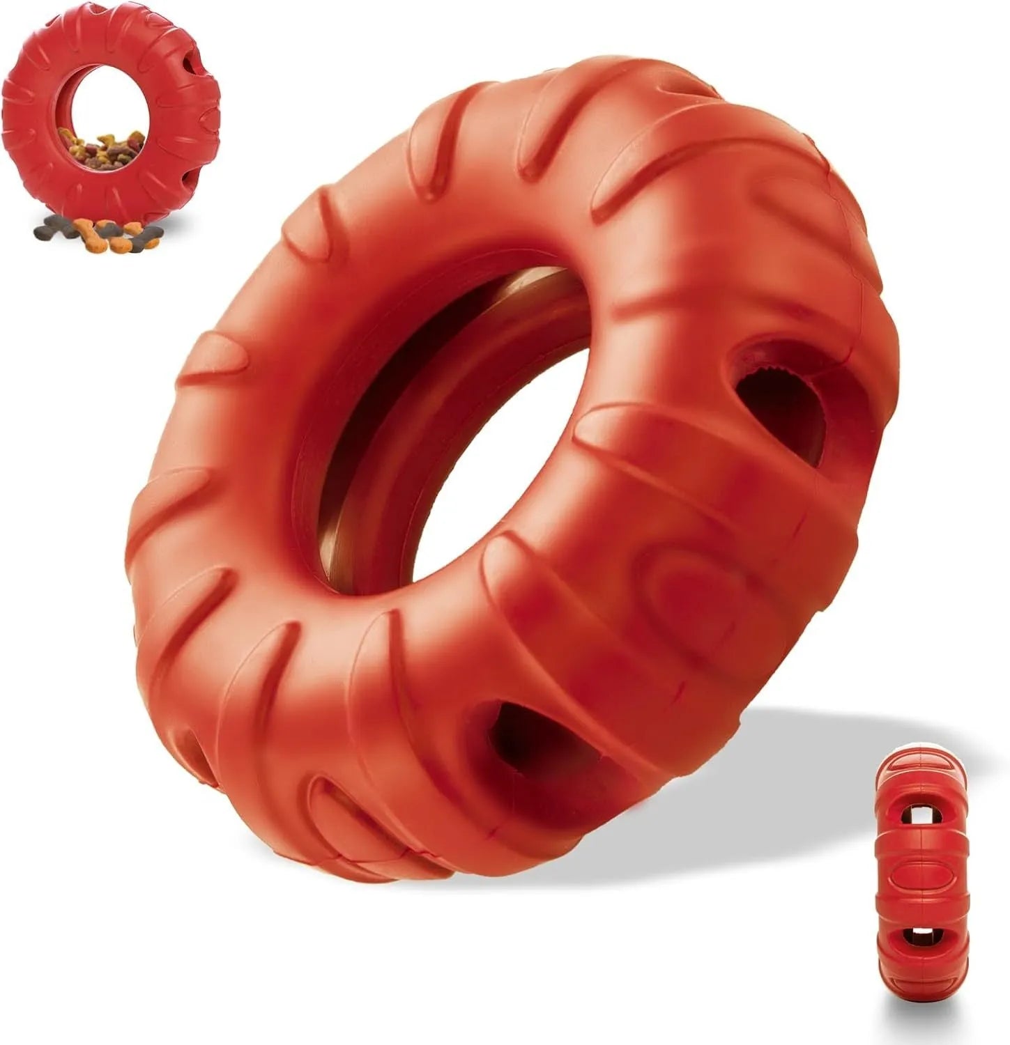 Blue natural rubber tyre-shaped dog chew toy with oval openings, for slow feeding and interactive play.