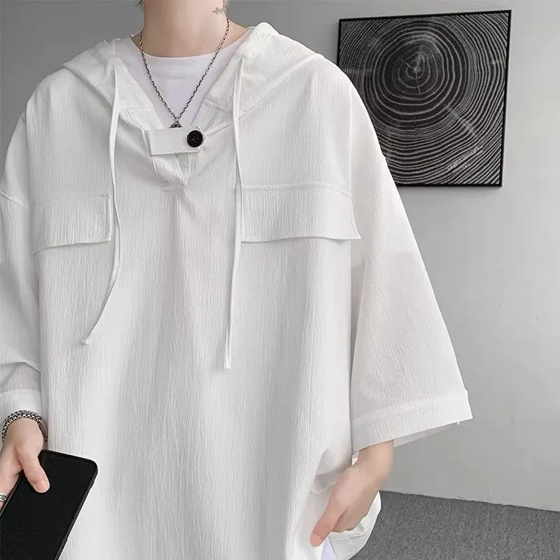 Men's hooded short sleeve t-shirt in polyester fabric available in multiple colours and plus sizes