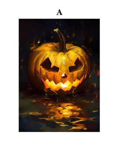 Frameless canvas painting of a ghost tea party with pumpkins Halloween decor