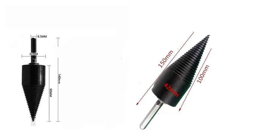 Close-up of a hexagonal shank metal firewood splitting drill bit with a cone tip, shown next to a log.