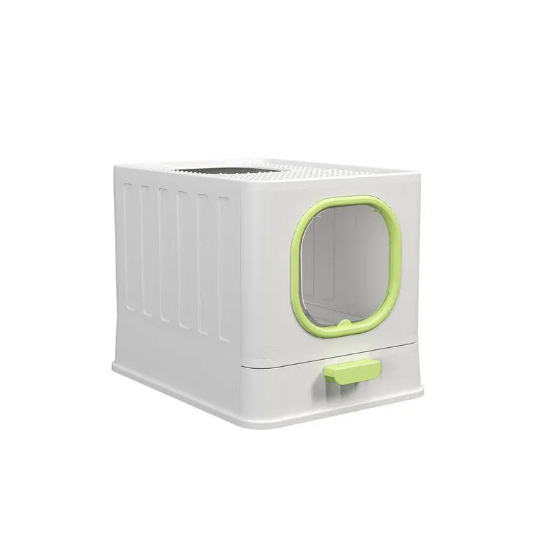 Fully enclosed plastic folding cat litter box in avian green, 51x38x39cm, with top closure