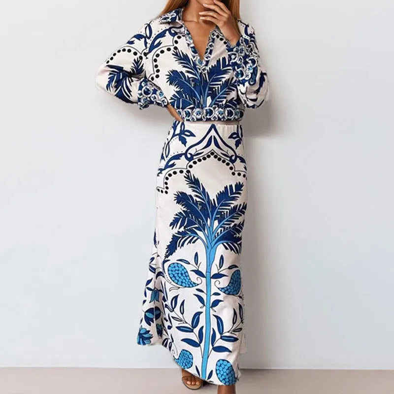 Floral print long sleeve top and long skirt casual co-ord set in loose fit.