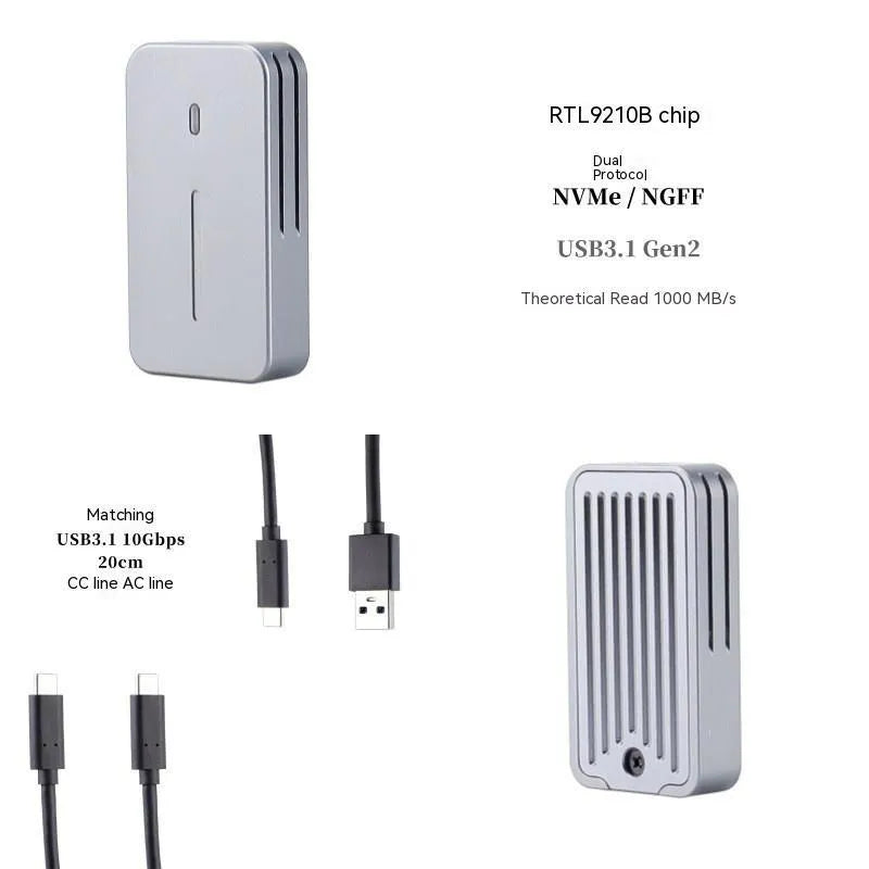 Aluminium M.2 NVMe SSD enclosure with USB-C cable, showing compact metal construction.