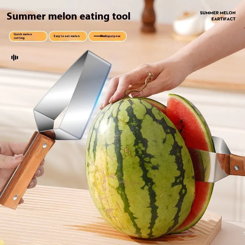 Stainless steel triangle watermelon splitter knife with protective cover.