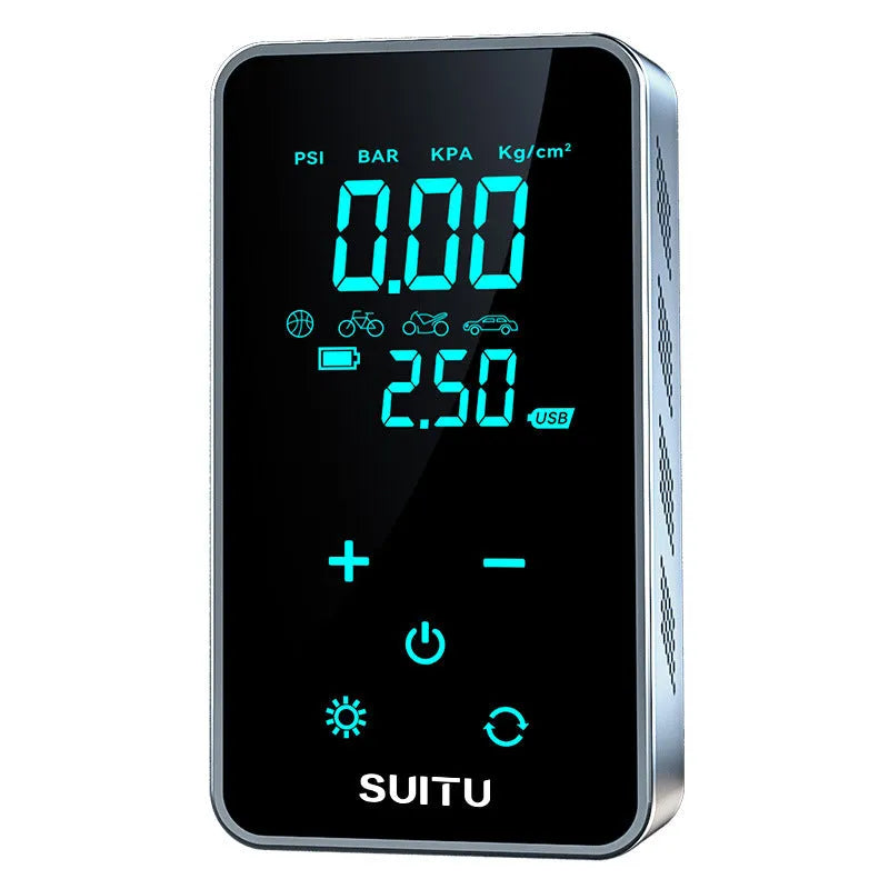 Compact black wireless car tyre pump with LCD screen on a cloth bag alongside its charging cable and nozzles.