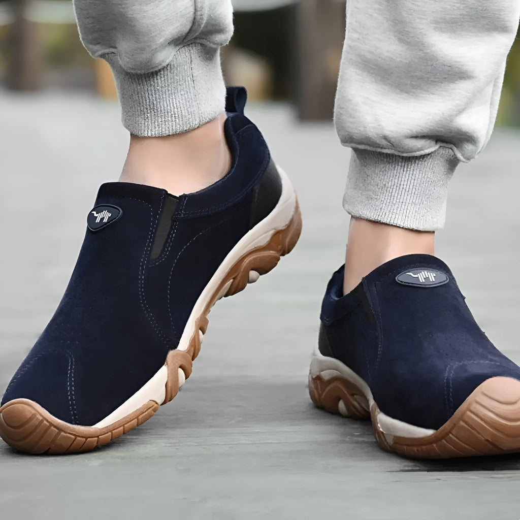Plus size men's suede casual shoes in black with a round toe, low-top design, and rubber sole.