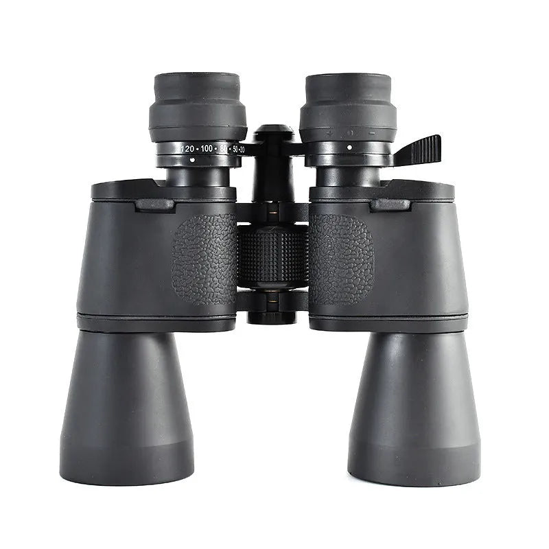 Outdoor telescope binoculars with large 100mm objective lenses and continuous zoom control ring.