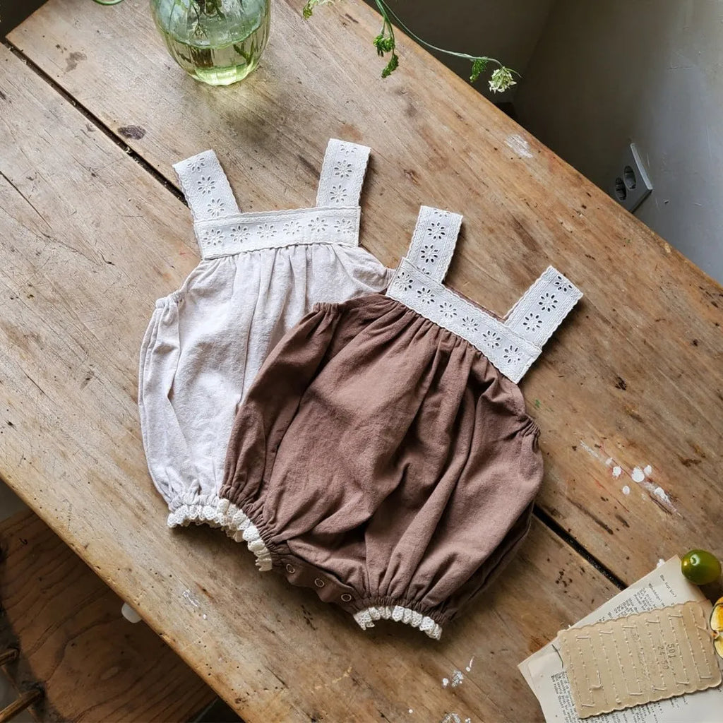 Girls cotton puff short sleeve top and lace strap romper two-piece set in apricot cotton fabric