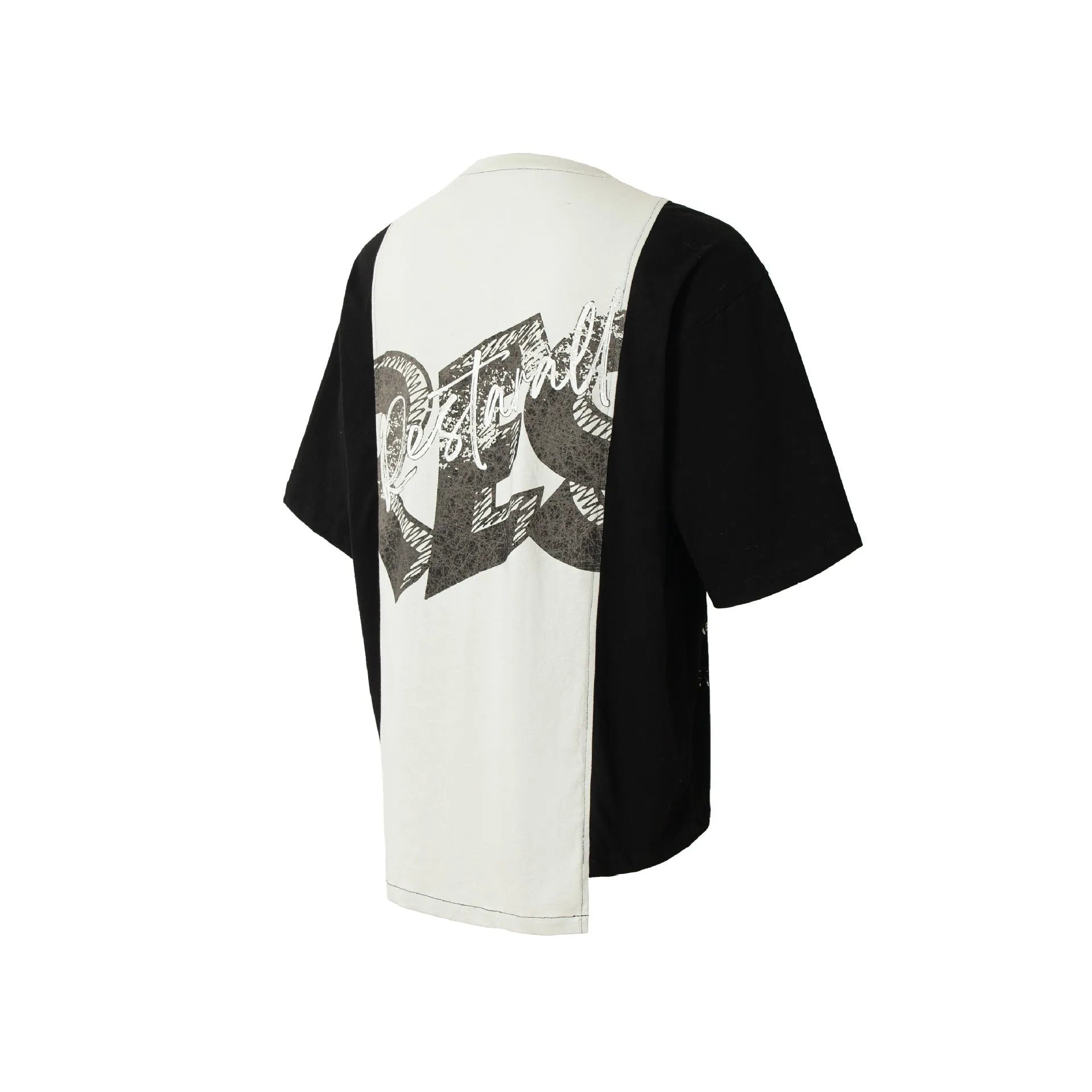 Broken collage deconstruction printed T-shirt in black and white stitching with cotton blend fabric
