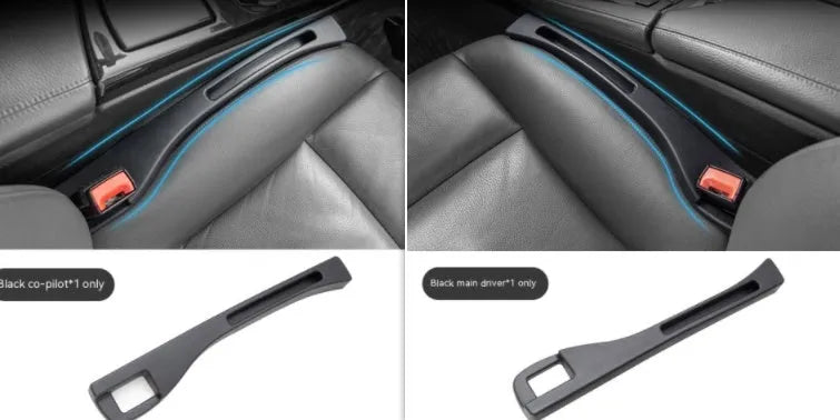 Black plastic car seat gap storage organiser box with handle between vehicle seats