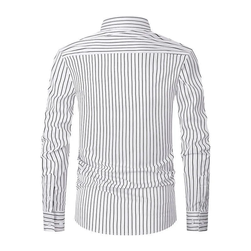 Men's slim-fit long sleeve striped business shirt in a blue and white colour pattern.