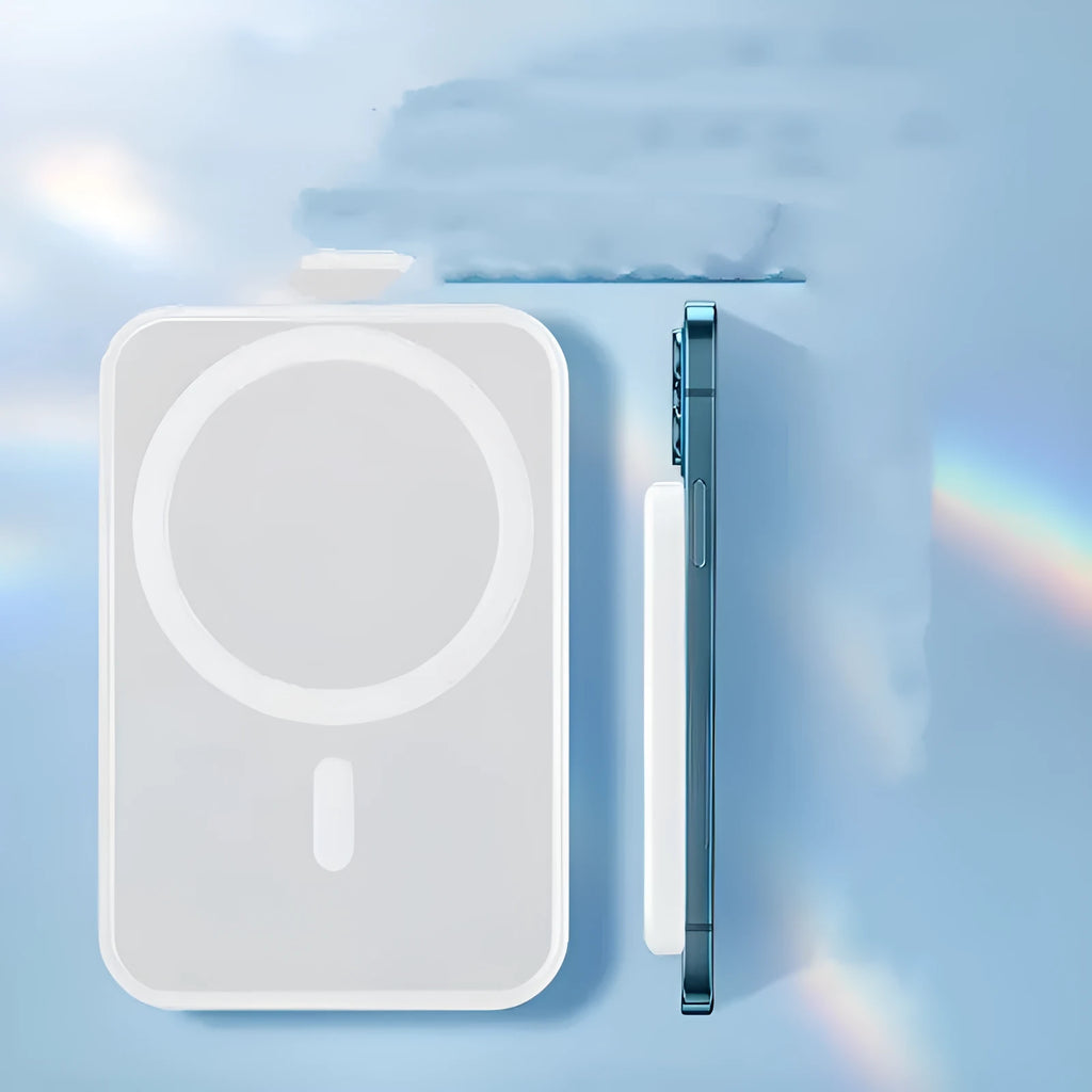 Portable magnetic wireless charger in white with 5000mAh capacity showing compact dimensions