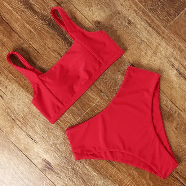 Women's high waist push-up bikini set with leopard print design showing bra and shorts separately